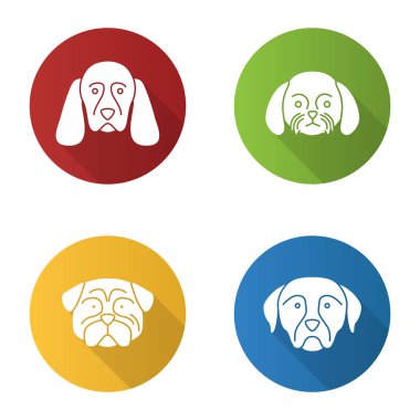 Köpekler doğurmak düz tasarım uzun gölge glif Icons set. Yavru horoz İspanyol, Shih Tzu, pug, Rottweiler. Vektör siluet çizimi