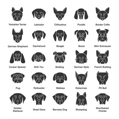 Köpekler doğurmak glif Icons set. Kılavuzu, koruyucu, avcılık, köpekler hayvan sürüsü. Siluet simgeler. İzole vektör illustratio