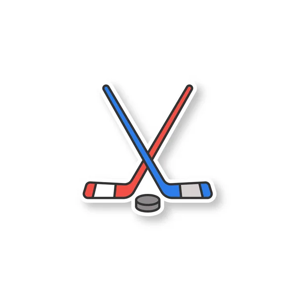 Gekruiste Hockeysticks Met Puck Patch Ijshockey Apparatuur Kleur Sticker Vectorillustratie — Stockvector