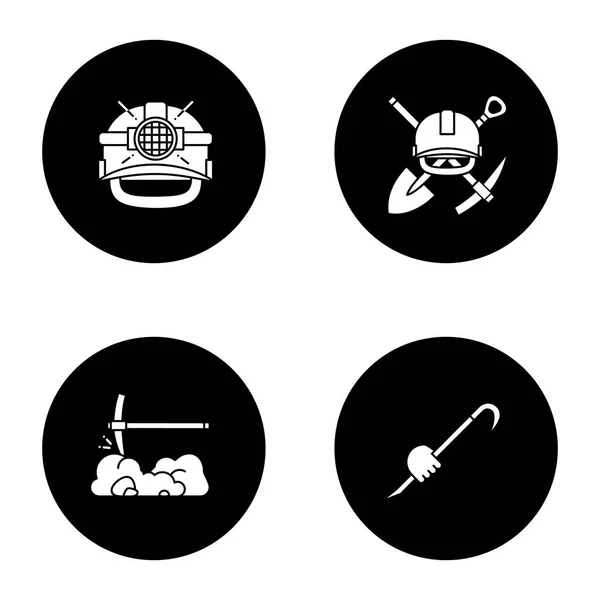 Outils Construction Glyphe Icônes Ensemble Exploitation Minière Casque Sécurité Emblème — Image vectorielle