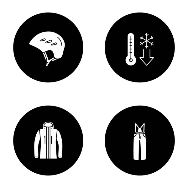 Winteraktivitäten Glyphen Symbole Gesetzt Helm Wintertemperatur Skijacke Und Hose Vektor — Stockvektor