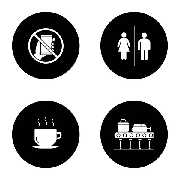 机场服务字形图标设置 智能手机禁止 热饮料 行李传送带 黑色圆圈中的矢量白色剪影插图 — 图库矢量图片
