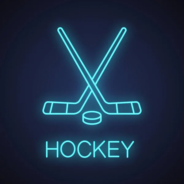 Gekruiste Hockeysticks Met Puck Neon Licht Pictogram Ijshockey Apparatuur Glowing — Stockvector