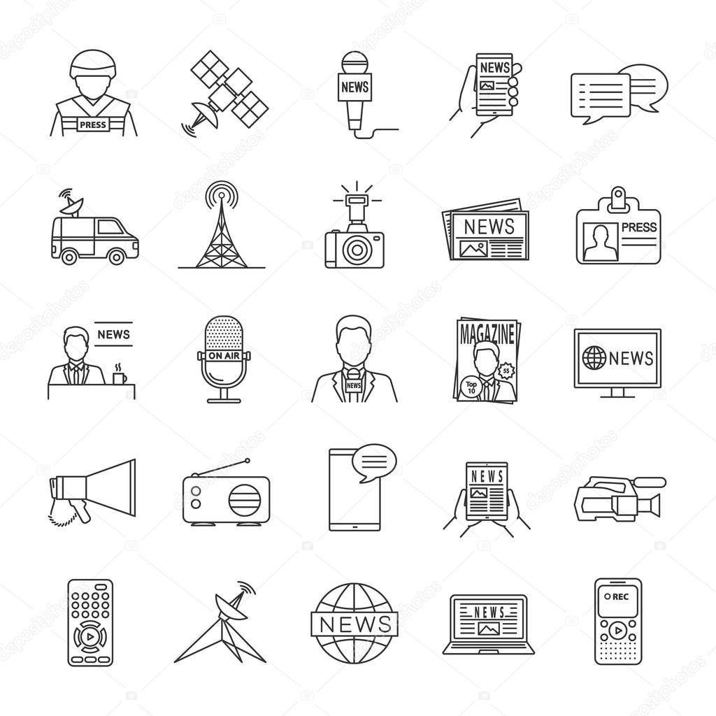Mass media linear icons set. Press. Television, radio broadcasting. Thin line contour symbols. Isolated vector outline illustrations