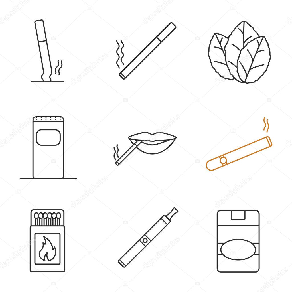 Smoking linear icons set. Stubbed out and burning cigarettes, tobacco leaves, garbage bin, smoker, cigar, matchbox, vape, cigarette pack. Thin line contour symbol. Isolated vector outline illustration