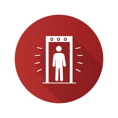 Portal metal detektörü düz tasarım uzun gölge glif simgesini işaret. Havaalanı güvenlik inceden inceye gözden geçirmek içinde biri ile. Vektör siluet çizimi