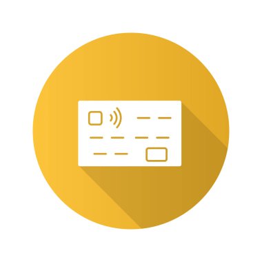 Kredi kartı düz tasarım uzun gölge glif simgesi. Nakitsiz ödeme. Vektör siluet çizimi