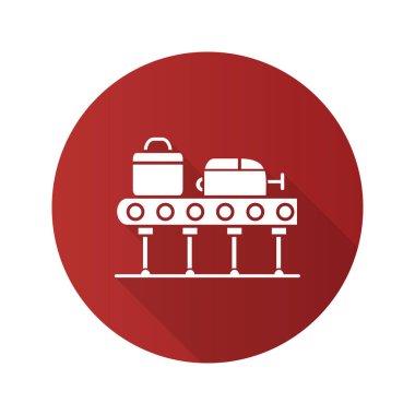 Bagaj atlıkarınca düz tasarım uzun gölge glif simgesi. Bagaj geri. Bagaj konveyör bant. Vektör siluet çizimi