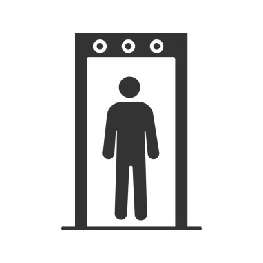 Metal dedektörü portal glif simgesi. Havaalanı güvenlik inceden inceye gözden geçirmek içinde biri ile. Siluet simge. Negatif alan. İzole vektör çizim