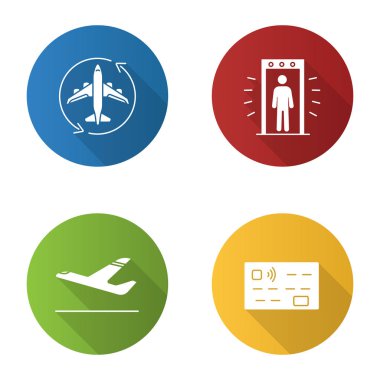 Havaalanı Servisi düz tasarım uzun gölge glif simgeler kümesi. Uçuş transit, portal metal detektörü, uçak kalkış, kredi kartı. Vektör siluet çizimi