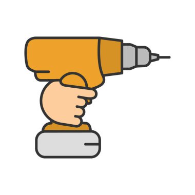 Akülü tutan el renk simgesi matkap. Taşınabilir elektrikli tornavida. İzole vektör çizim