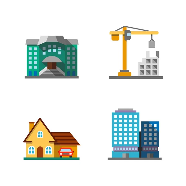 Edificios Ciudad Diseño Plano Largo Iconos Color Sombra Conjunto Albergue — Vector de stock