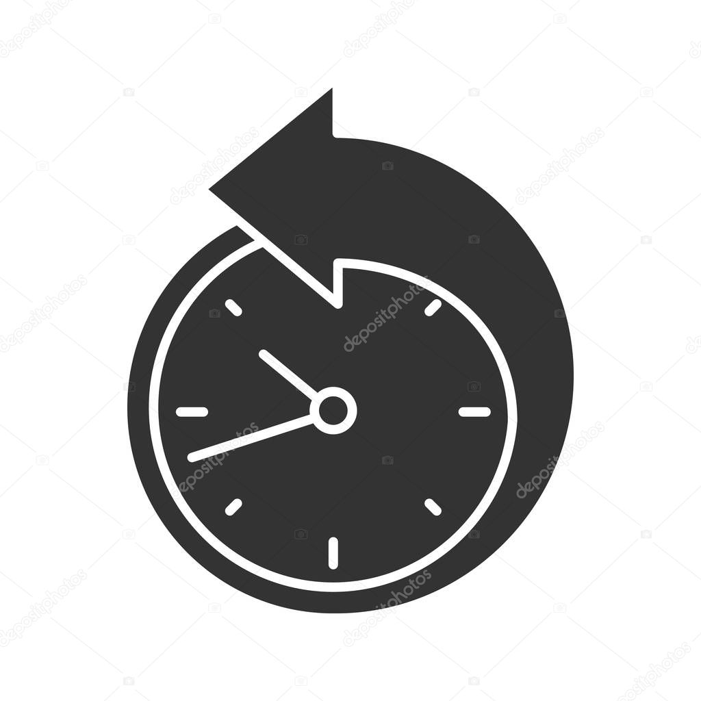 Back arrow around clock glyph icon. Counterclockwise. Reschedule. Silhouette symbol. Negative space. Vector isolated illustration