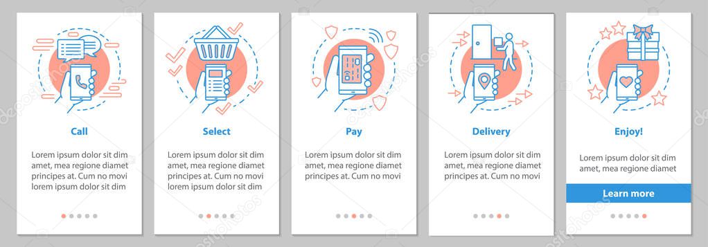 Online shopping onboarding mobile app page screen with linear concepts. Digital purchase graphic instructions. UX, UI, GUI vector template with illustrations
