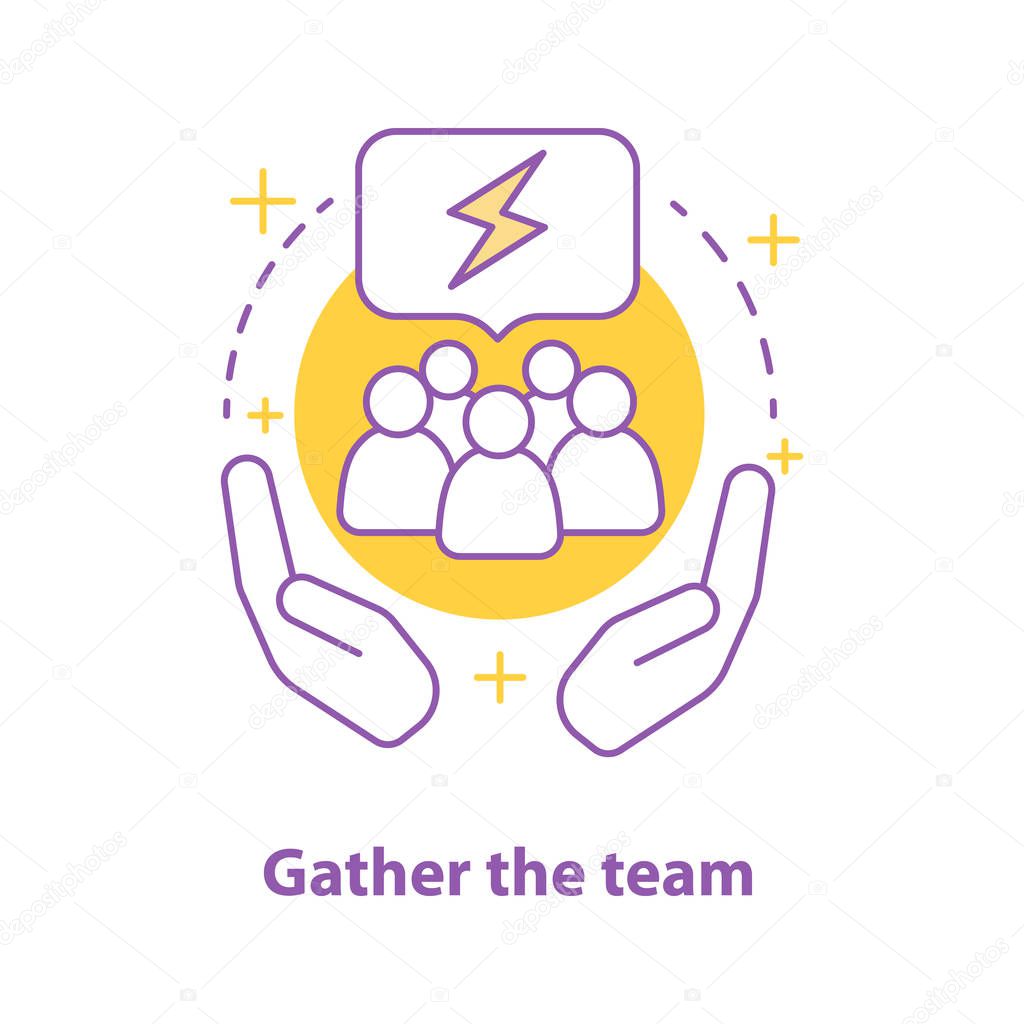 Team gathering concept icon. Teamwork idea thin line illustration. Cupped hands with people inside. Vector isolated outline drawing