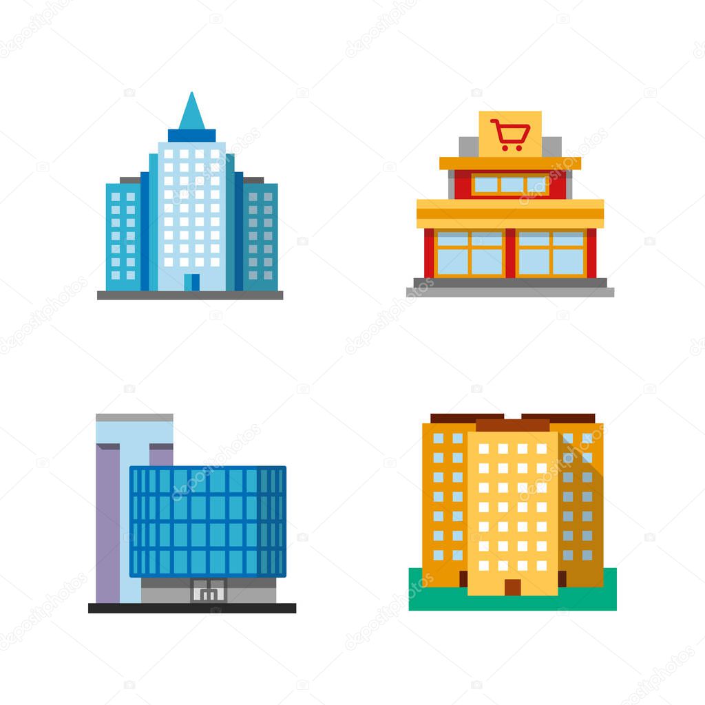City buildings flat design long shadow color icons set. Multi-storey building, business centre, shopping mall, skyscraper. Vector silhouette illustrations