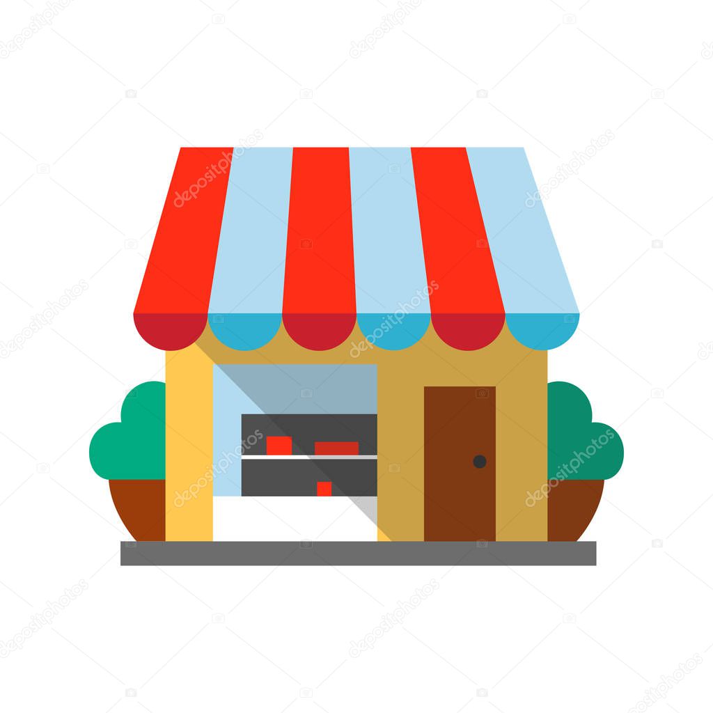 Small shop flat design long shadow color icon. Grocery store. Coffee house, cafe. Vector silhouette illustration