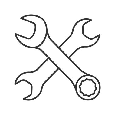 Crossed wrenches linear icon. Thin line illustration. Double open ended and combination spanners. Contour symbol. Vector isolated outline drawing clipart