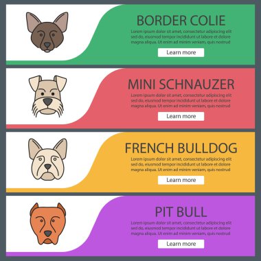 Köpekler doğurmak afiş şablonlar kümesi web. Web sitesi renk menü öğeleri. Border Collie, Mini Schnauzer, Fransız buldozer, çukur boğa. Vektör üstbilgileri kavramları tasarım