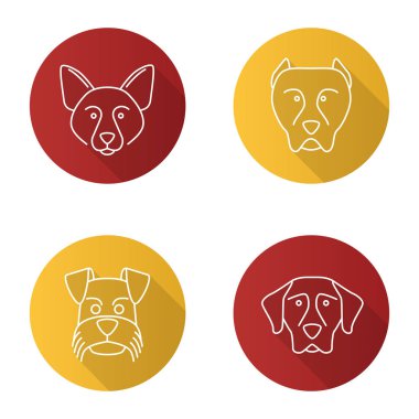 Köpekler doğurmak düz doğrusal uzun gölge simgeler kümesi. Kenar kömür ocağı, pitbul, minyatür Schnauzer, Alman Shorthaired ibre. Vektör anahat çizim