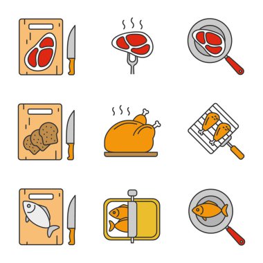 Gıda hazırlama renk simgeler kümesi. Ekmek, et ve balık kızartma somon ve eti biftek, hamsi, ızgara tavuk sopaları ve Türkiye, kesme tahtaları. İzole vektör çizimler