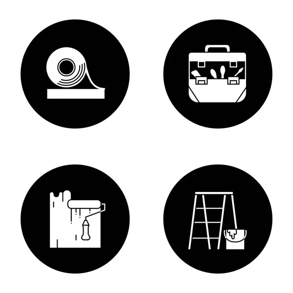 Κατασκευή Εργαλείων Σετ Γλύφων Εικονίδια Κολλητική Ταινία Εργαλείο Τσάντα Ρολό — Διανυσματικό Αρχείο