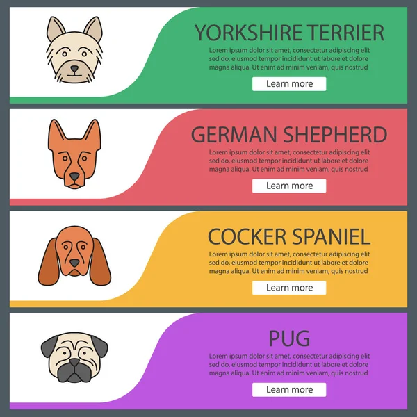 Hundar Raser Web Banner Mallar Set Webbplats Färg Menyalternativ Yorkshire — Stock vektor
