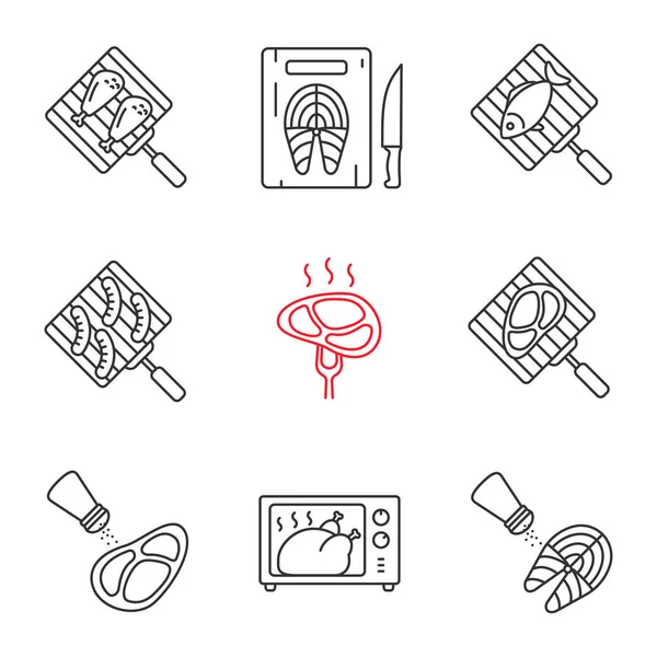 食物准备线性图标设置 在微波炉 肉类和香肠煮鱼 细线轮廓符号 独立矢量轮廓插图 — 图库矢量图片