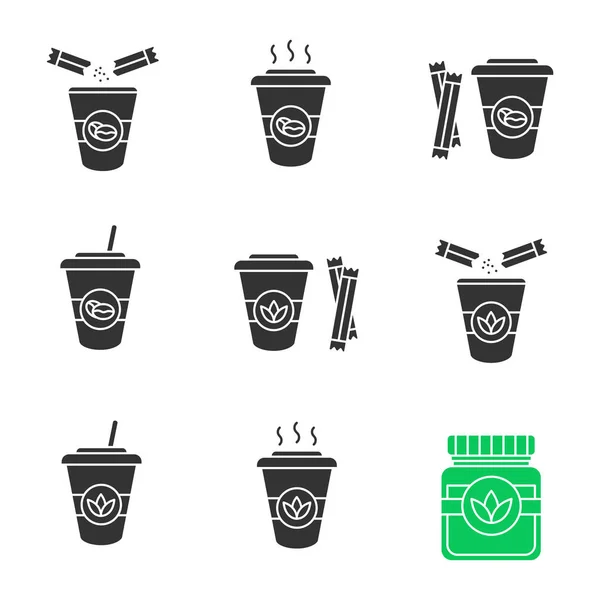 Koffie Thee Drinken Met Pictogrammen Van Suiker Glyph Set Detox — Stockvector