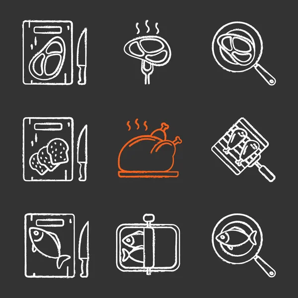 Conjunto Iconos Tiza Preparación Alimentos Cortar Tablas Con Pan Carne — Vector de stock