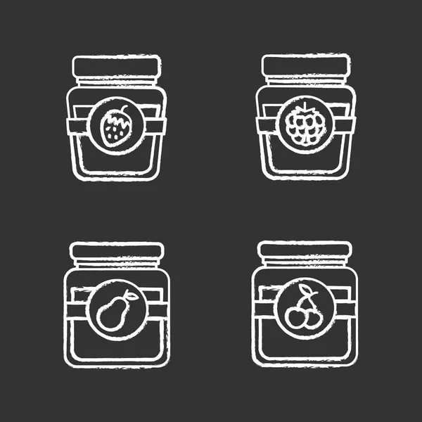 Fruit preserves chalk icons set. Pear, cherry, raspberry and strawberry jam jars. Isolated vector chalkboard illustrations