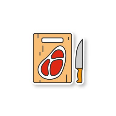 Biftek bıçağı yama ile kesme tahtası üzerinde. Biftek. Renk etiket. İzole vektör çizim