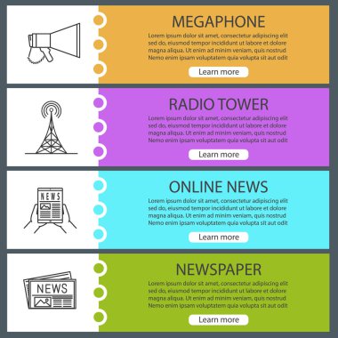 Kitle iletişim araçları web afiş şablonları ayarlayın. Megafon, Tv veya radyo kulesi, online haber, gazete. Web sitesi renk menü öğeleri ile doğrusal kutsal kişilerin resmi. Vektör üstbilgileri kavramları tasarım