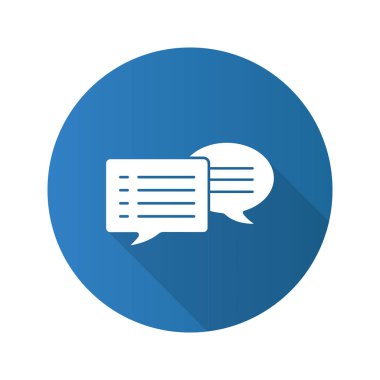 Konuşma kabarcıklar düz tasarım uzun gölge glif simgesi. Sohbet. Forum. Vektör siluet çizimi