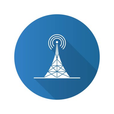Radyo kulesi düz tasarım uzun gölge glif simgesi. Anten. Vektör siluet çizimi