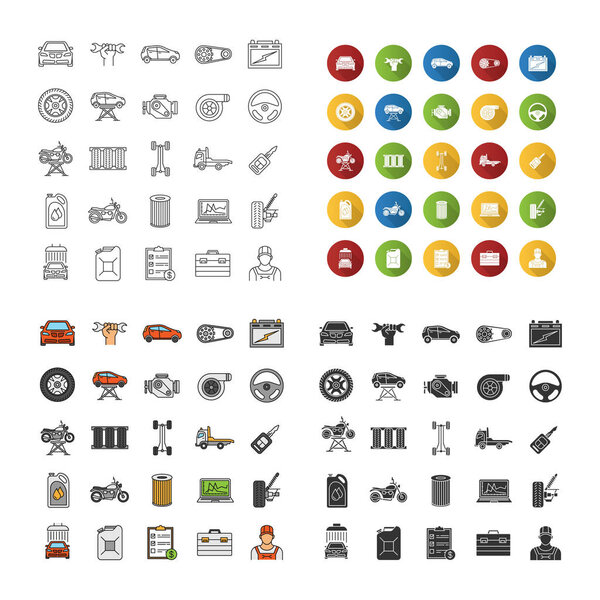 Auto workshop icons set. Car service. Instruments, equipment and spare parts. Linear, flat design, color and glyph styles. isolated vector illustrations