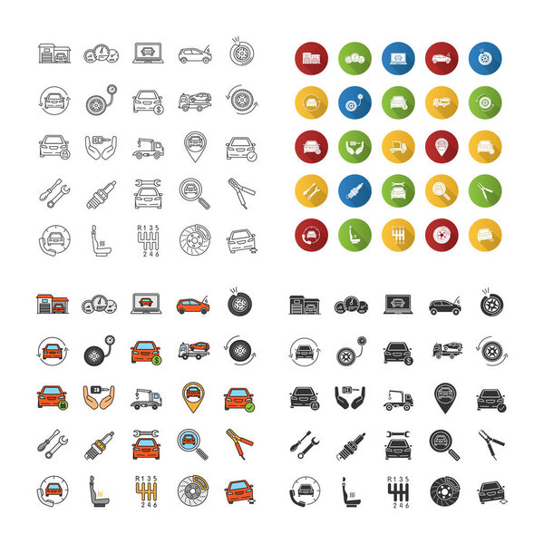 Auto workshop icons set. Car service. Instruments, equipment and spare parts. Linear, flat design, color and glyph styles. isolated vector illustrations