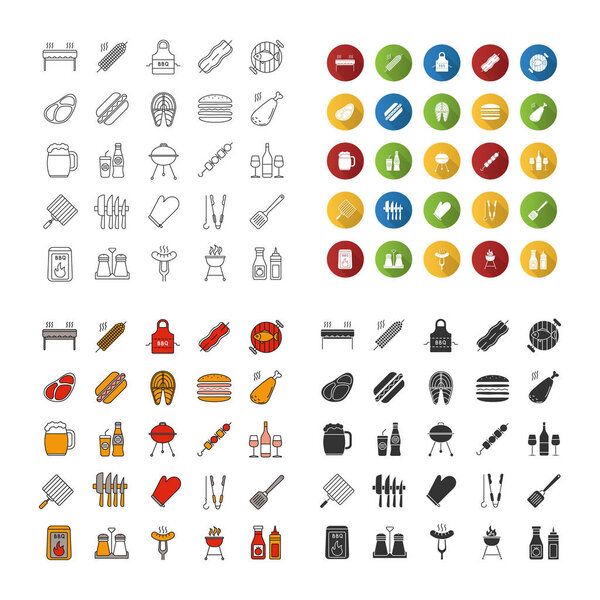 Barbecue icons set. BBQ. Barbeque grills, food, drinks, kitchen utensils. Linear, flat design, color and glyph styles. isolated vector illustrations