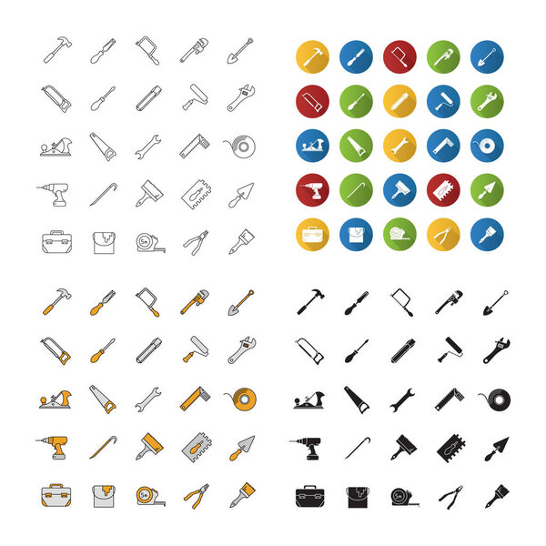 Construction tools icons set. Renovation and repair instruments. Linear, flat design, color and glyph styles. isolated vector illustrations