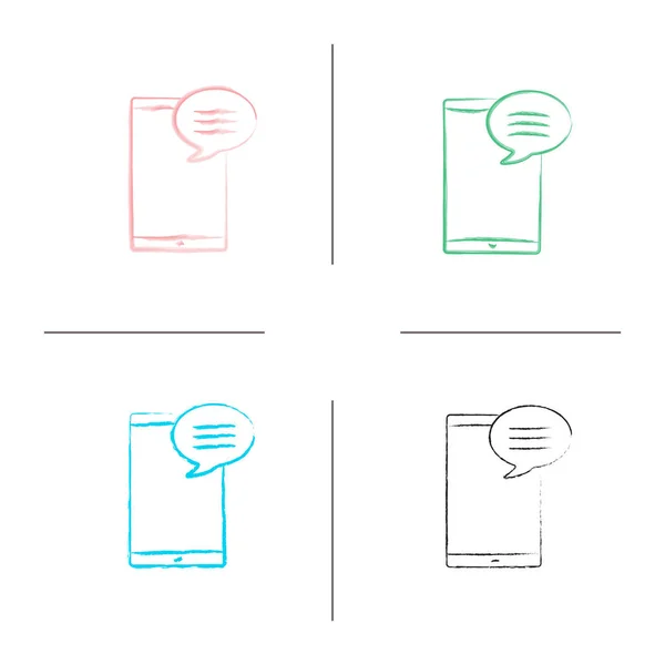 智能手机与语音气泡手画图标设置 在线聊天 颜色画笔描边 孤立向量粗略插图 — 图库矢量图片