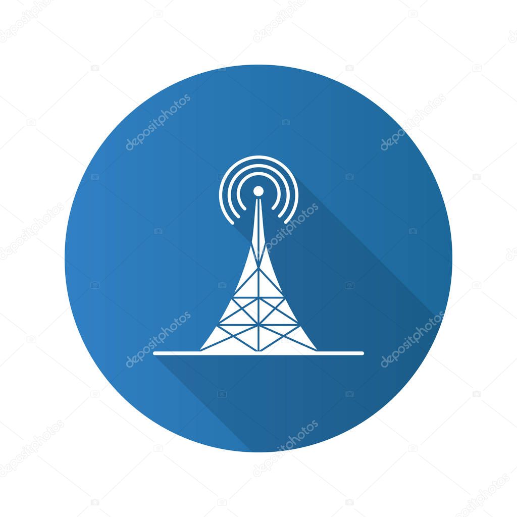 Radio tower flat design long shadow glyph icon. Antenna. Vector silhouette illustration