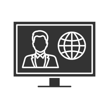 TV haber glif simgesi. Televizyonda haber spikeri görüntü ayarlayın. Siluet simge. Negatif alan. İzole vektör çizim