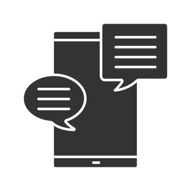 Smartphone ile konuşma balonu glif simgesinin. SMS, bildirim, mesaj. Online sohbet. Forum. Siluet simge. Negatif alan. İzole vektör çizim
