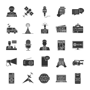 Kitle iletişim araçları glif simgeler kümesi. Basın. Televizyon, radyo yayın. Siluet simgeler. İzole vektör çizim