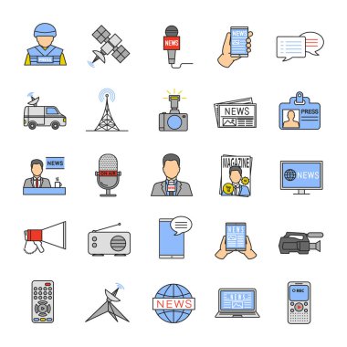 Kitle iletişim araçları renk simgeler kümesi. Basın. Televizyon, radyo yayın. İzole vektör çizimler