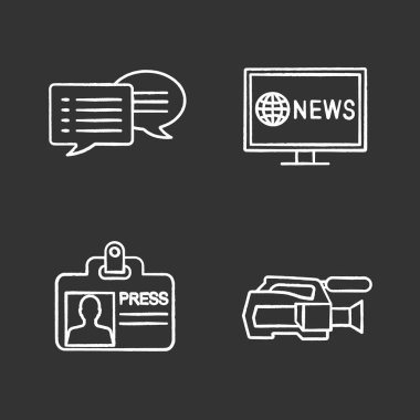 Kitle iletişim araçları tebeşir Icons set. Basın. Sohbet, video kamera, kimlik kartı, Tv haber basın. İzole vektör kara tahta çizimler