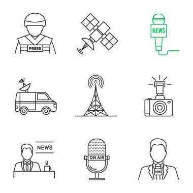 Kitle iletişim araçları doğrusal Icons set. Basın. Savaş muhabiri, uydu, mikrofonlar, haber van, radyo kulesi, fotoğraf makinesi, Tv sunucusu. İnce çizgi kontur sembolleri. İzole vektör anahat çizimler