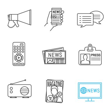 Kitle iletişim araçları doğrusal Icons set. Megafon, online haber, sohbet, Tv denetleyicisi, gazete, kimlik kartı, radyo, dergi, Tv haber basın. İnce çizgi kontur sembolleri. İzole vektör anahat çizimler