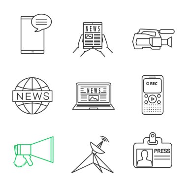 Kitle iletişim araçları doğrusal Icons set. Sohbet, elektronik gazete, video kamera, diktafon, Genel Haberler, uydu anteni, megafon, kimliği ince çizgi kontur sembolleri tuşuna basın. İzole vektör anahat çizimler