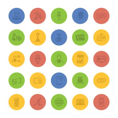 Kitle iletişim araçları doğrusal Icons set. Basın. Televizyon, radyo yayın. İnce çizgi Seviyelendirme simgelerini renkli arka plan üzerinde. Vektör çizimler